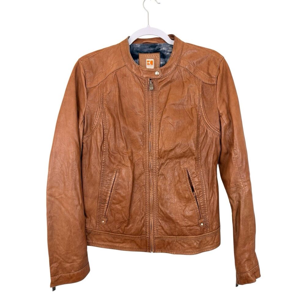 Hugo Boss Orange Leather Jacket Women’s Sz 8 Moto Zippers Band Collar